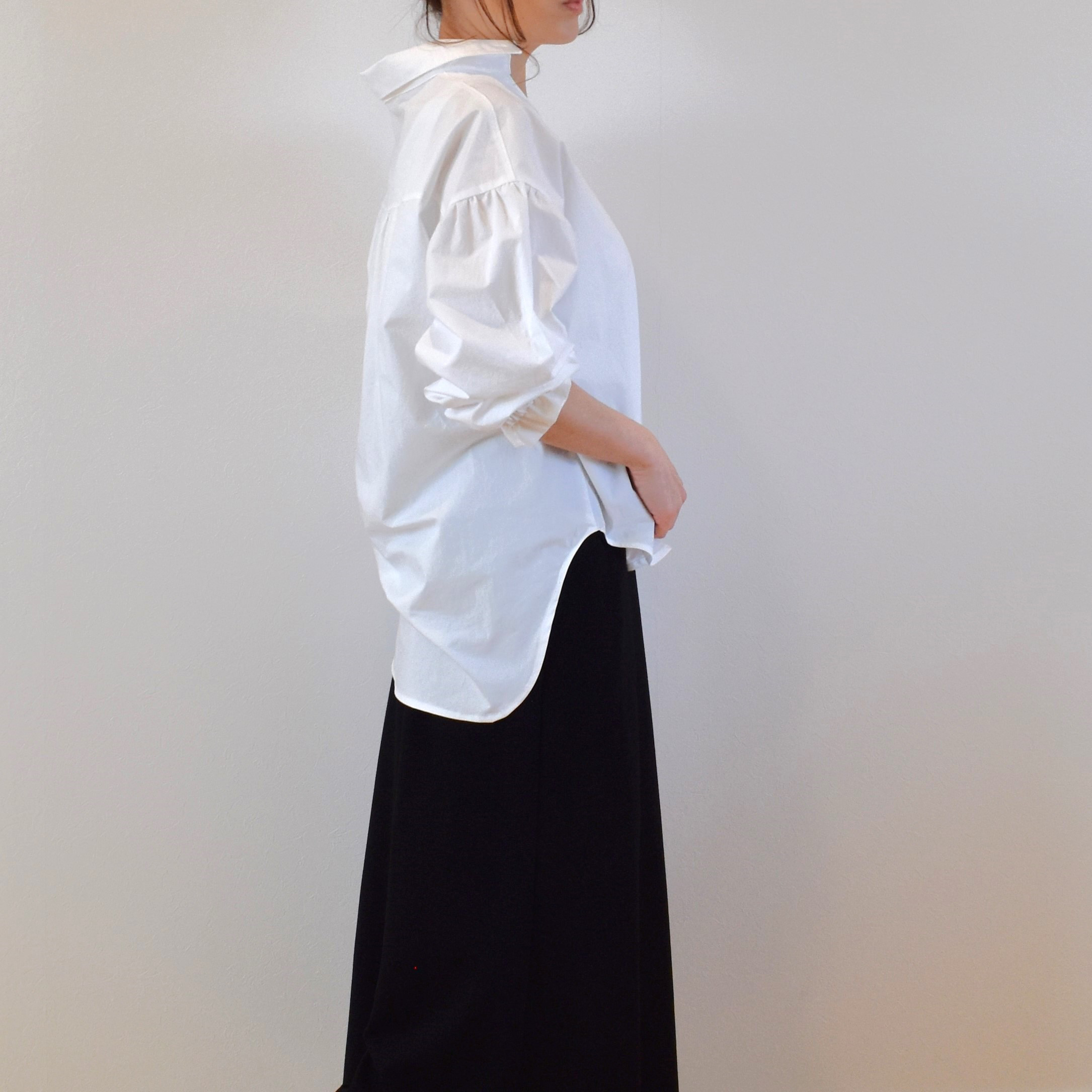 綿100％ ふっくらギャザー スキッパーシャツ コットン タイプライター/white 白