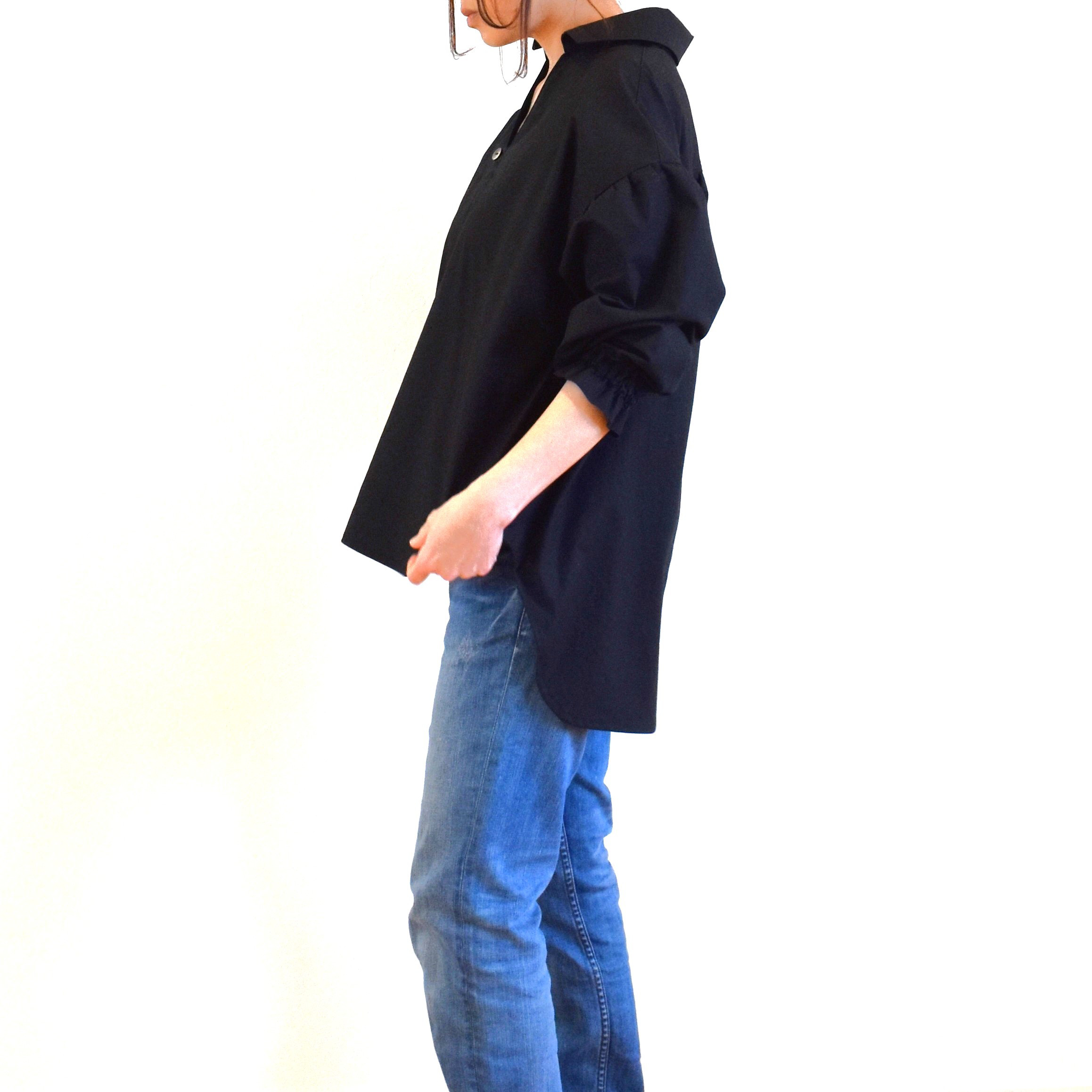 綿100％ ふっくらギャザー スキッパーシャツ コットン タイプライター/black 黒 ブラック