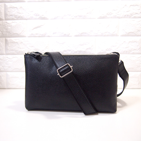 ★日本製造★真皮★L型拉鍊，加大號★斜挎單肩包★黑色★寬肩帶3cm★銀色拉鍊★ 第10張的照片