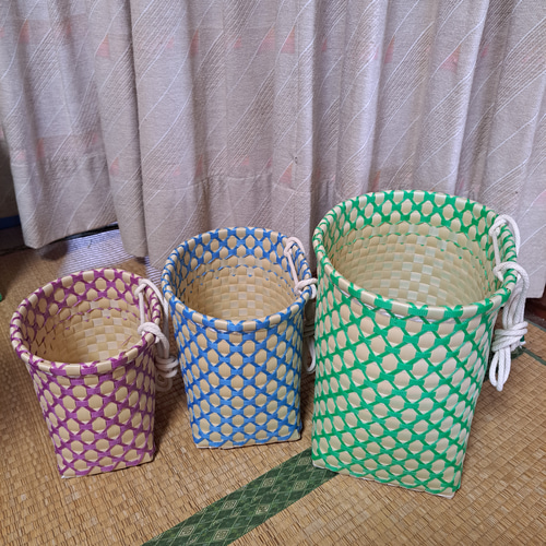 PPバンドかご(模様編み はけご 3個組)、収穫かご、プラカゴ 模様a かご