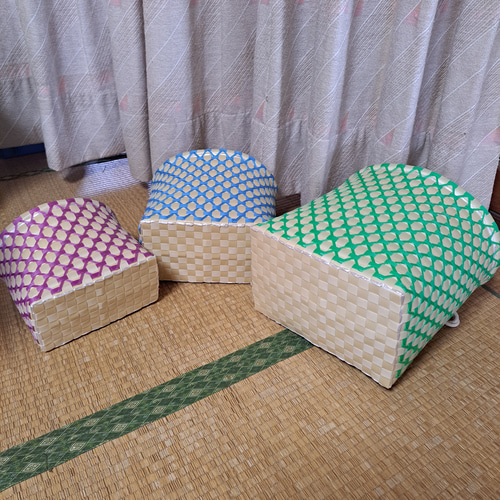 ふみ　プラカゴ　3点 PPバンドかご(模様編み はけご 3個組)、収穫かご、プラカゴ 模様