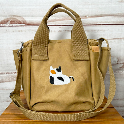お餅猫の刺繍 たくさんポケット付きキャンバス2WAYミニ