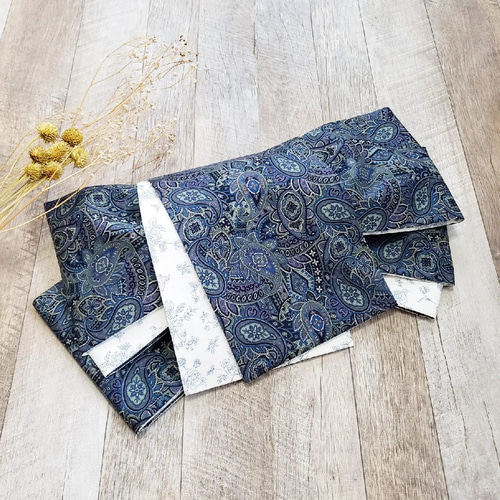 半幅帯】ヴィンテージペイズリーにボタニカルガーデン/紺色 青 白 花柄