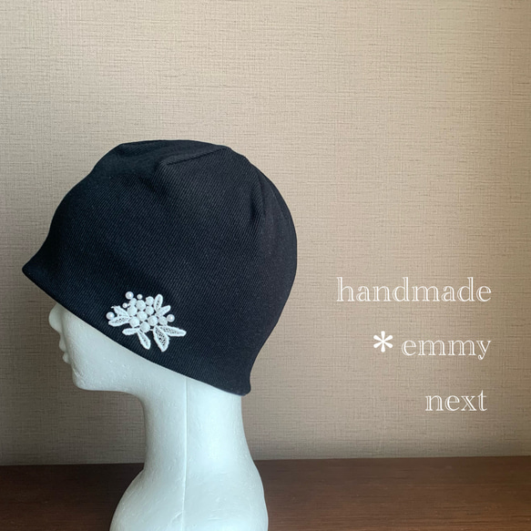送料無料＊handmade パールビジューモチーフ付き帽子〈mimosa・ブラック〉ケアキャップ　ケア帽子　母の日 3枚目の画像