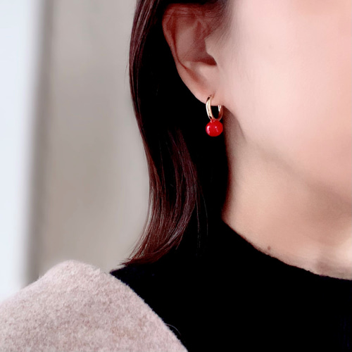 赤珊瑚 レッドコーラルのフープピアス/イヤリング レッドピアス ピアス