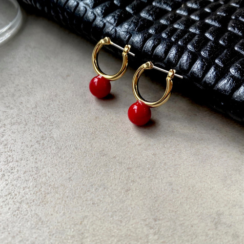 赤珊瑚 レッドコーラルのフープピアス/イヤリング レッドピアス ピアス