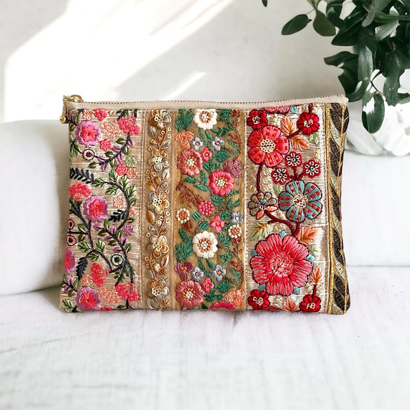 インマイリボン　フラットポーチ　DIR-256064（WEB限定） インド／刺繍リボン】＊フラットポーチ＊ カラビナ付き