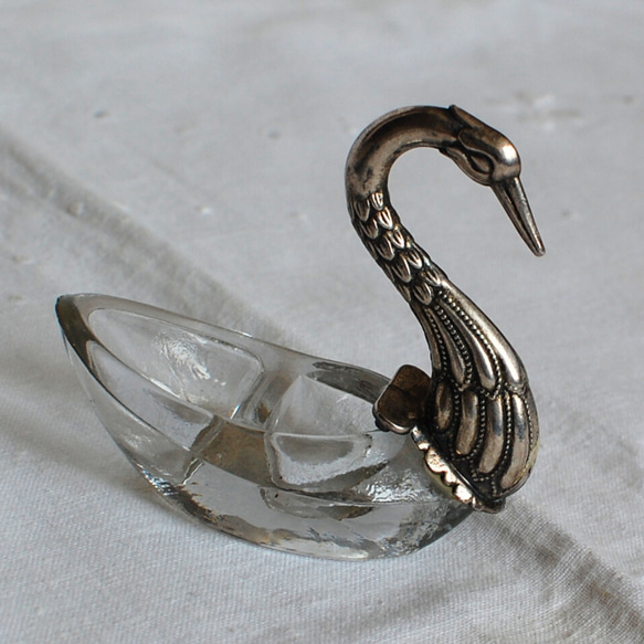 スワンのお塩入れ サリエール サレロン シルバーメタル＆ガラス フランスブロカント 10枚目の画像