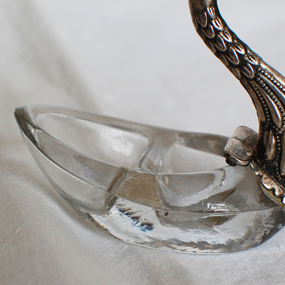スワンのお塩入れ サリエール サレロン シルバーメタル＆ガラス フランスブロカント 6枚目の画像