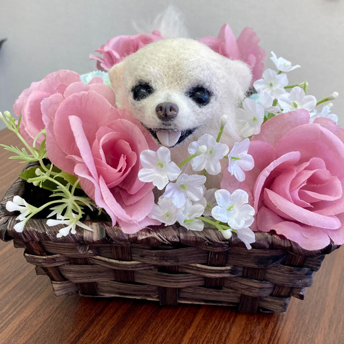 花カゴ入り羊毛フェルト 犬 ぬいぐるみ ペットロス うちの子 20cm 