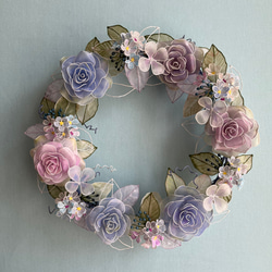 【一点物】バラのリース ニュアンスカラー 約23cm  薔薇 紫 アンティーク風 ワイヤーリース ディップフラワー 1枚目の画像
