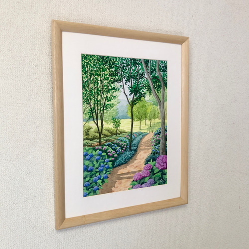 チューリップの咲く公園」透明水彩画 原画 風景画 額縁付 F4