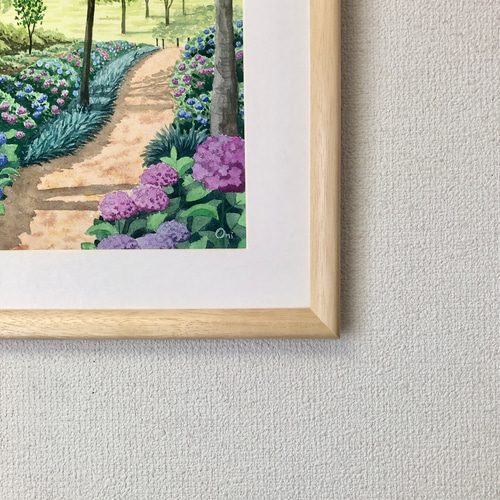 アジサイの小径」透明水彩画 原画 風景画 額縁付 F4サイズ 絵画