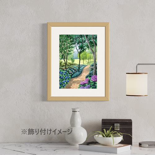 チューリップの咲く公園」透明水彩画 原画 風景画 額縁付 F4