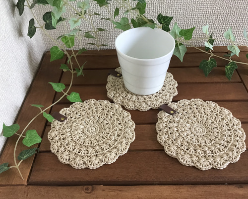 手刺繍入りハンドメイドコースター3枚セットハーフリネン
