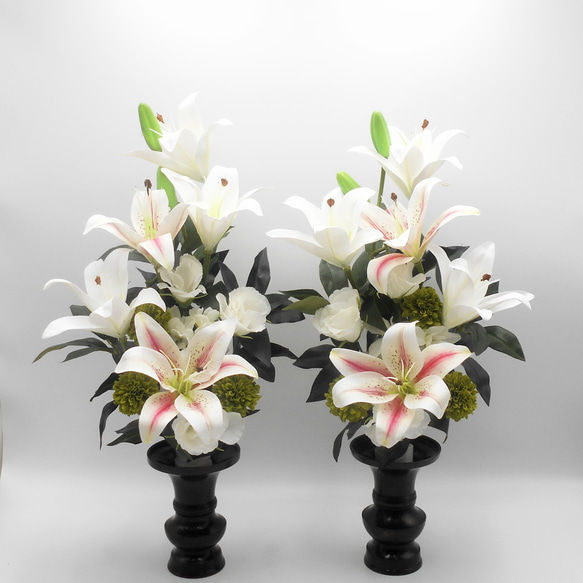 仏花　御供え花　造花　クレマチス、百合、トルコキキョウアレンジ 仏花御供え花造花クレマチス、百合、トルコキキョウアレンジ