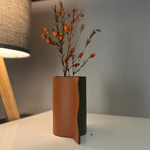 本革 2TONE(brown+darkgreen) フラワーベース 革の花瓶 一輪挿し 花瓶