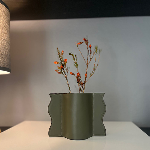 本革 2TONE(brown+darkgreen) フラワーベース 革の花瓶 一輪挿し 花瓶