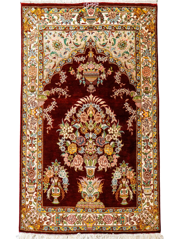 91×58cm 【ペルシャ絨毯 クム産 モサウィ房 シルク 100% 】証明書付