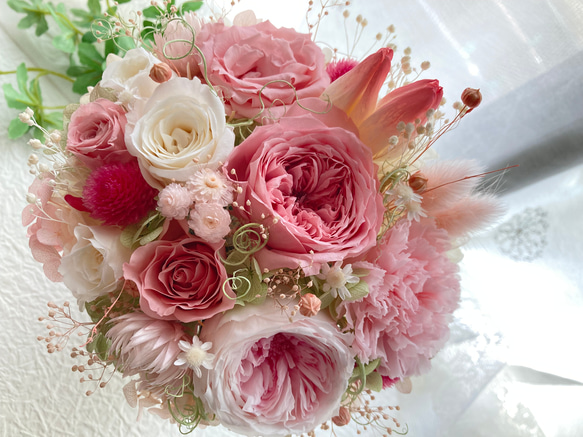 新作希少なプリザーブドフラワーのチューリップ 大輪バラ ピンクパステルアレンジ 母の日ギフト 誕生日 結婚新築開店祝い 9枚目の画像