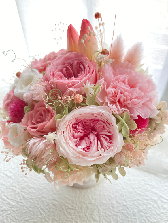 新作希少なプリザーブドフラワーのチューリップ 大輪バラ ピンクパステルアレンジ 母の日ギフト 誕生日 結婚新築開店祝い 7枚目の画像
