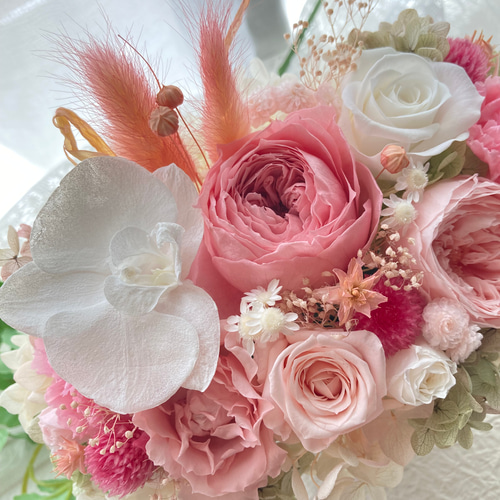 豪華プリザーブドフラワーの胡蝶蘭大輪バラ パステルピンク系アレンジ
