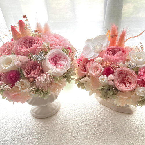 豪華プリザーブドフラワーの胡蝶蘭大輪バラ パステルピンク系アレンジ