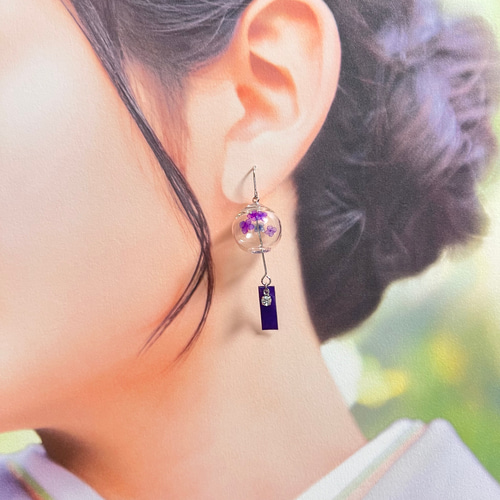 あじさい柄の風鈴ミニチュアピアス イヤリング 本ロジウム