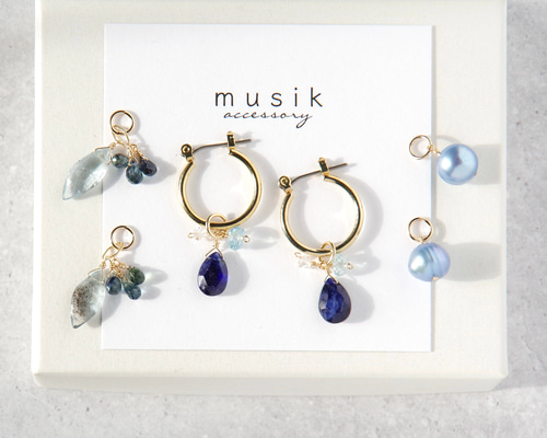 k18 アクアマリン　サファイア　パール　ピアスチャーム 再販14kgf *サファイア×モスアクアマリン×淡水パール【ピアス