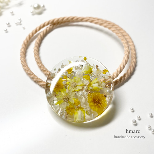 レジンヘアゴム パープル イエロー 金箔 お花たっぷり