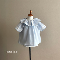 ✂︎ “peter pan” 90size 大きめ襟のスモックブラウス　ブルーストライプ　　お誕生日　入園入学 4枚目の画像