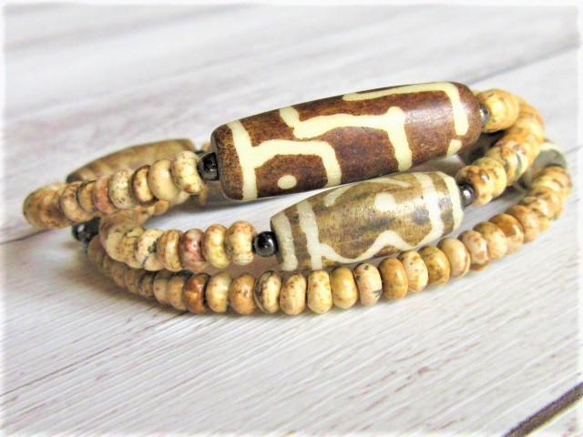 【C19】　ネックレス　ネパール　アンティークボーンビーズ　ピクチャージャスパー　天然石　天然石ビーズアクセサリー