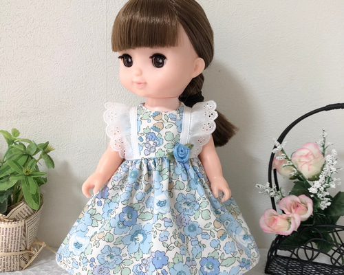 リバティオックス生地のワンピースブルー☆ 26cmドール服 ソランちゃん