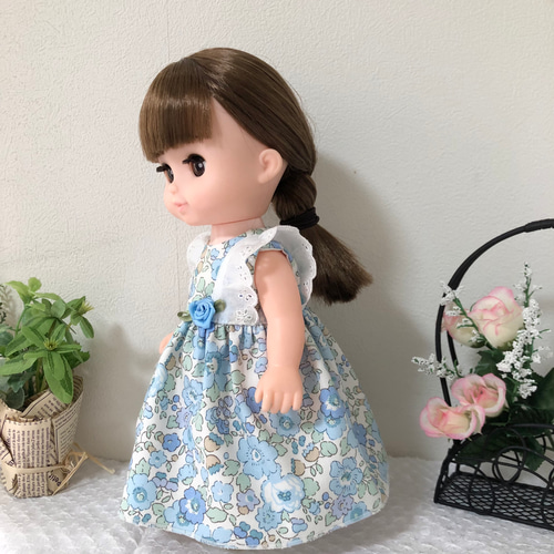 パオラドール ワンピース ミニちゃん用 リバティオックス生地のワンピースブルー☆ 26cmドール服 ソランちゃん