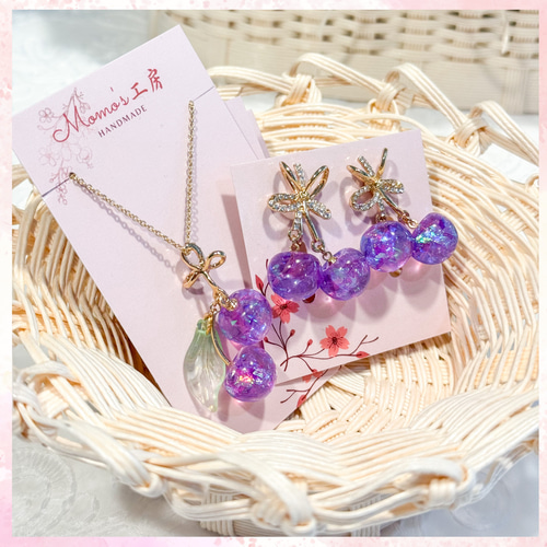 さくらんぼ イヤリング 藤 パープル ゴールド 花 リボン 花言葉