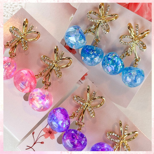 ฅ❤️レジン 白うさぎ 花 リボン ピアス イヤリング ピアス