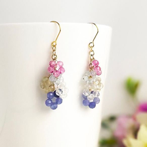 お花きらめく天然石ピアス/イヤリング 天然石5種 タンザナイト レモン  