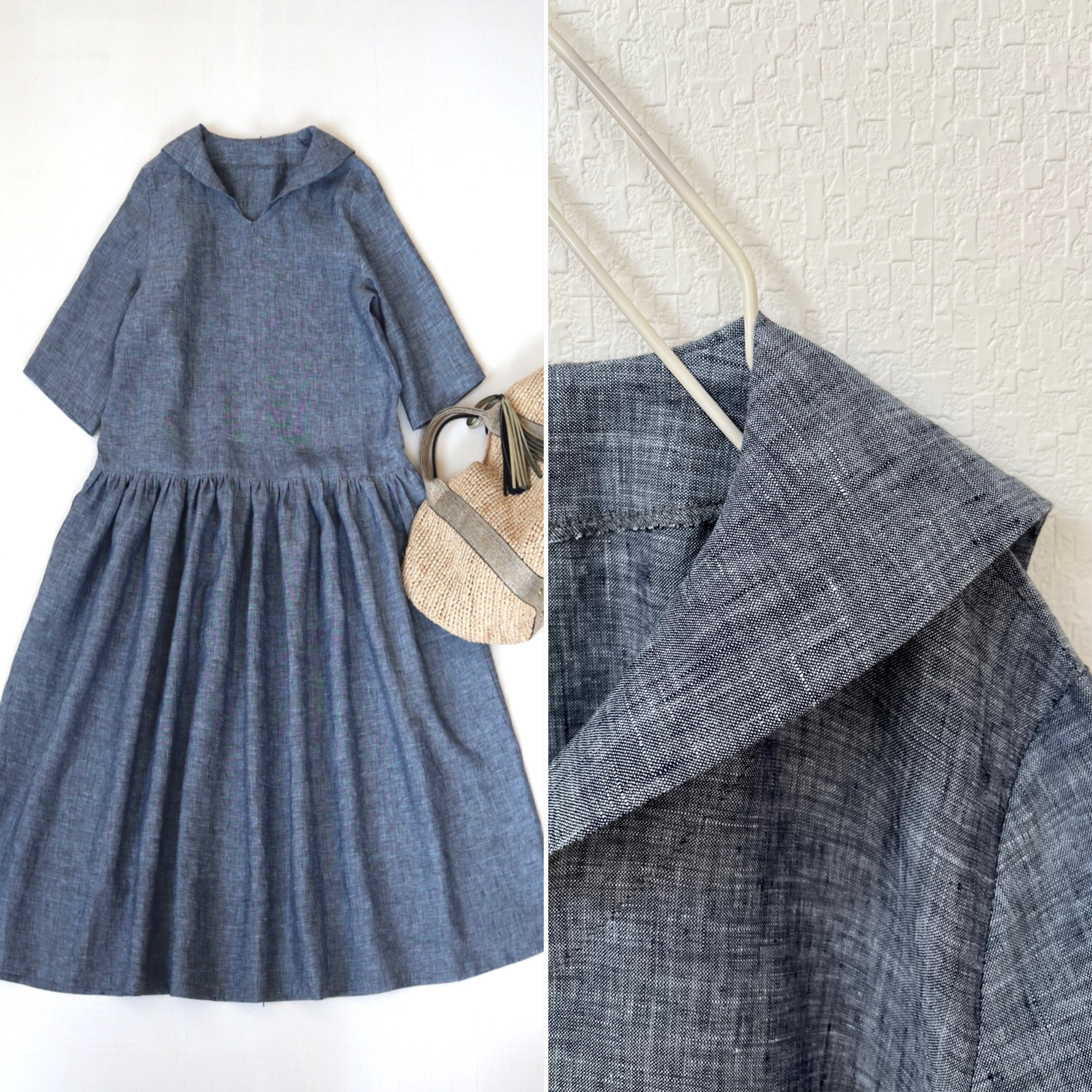 45rリネンワンピース nofl】リトアニアリネン後ろあき五分袖ワンピース 644208680