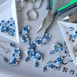 青い紫陽花ときらめくbijouのイヤーカフ（両耳）花、ギフト 14枚目の画像