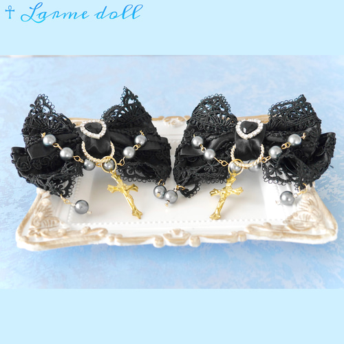 ☥》ロリィタリボンヘアクリップ ガラスタイプ(黒)【デザインカスタム  