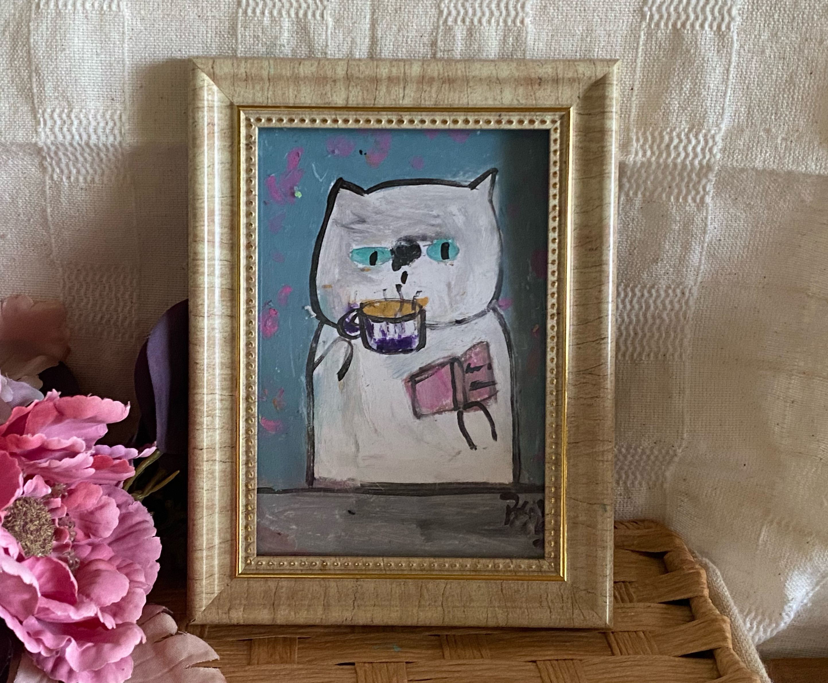 絵画。原画手描【夜の散歩が好きな白い猫】 絵画 アカザ麦 通販