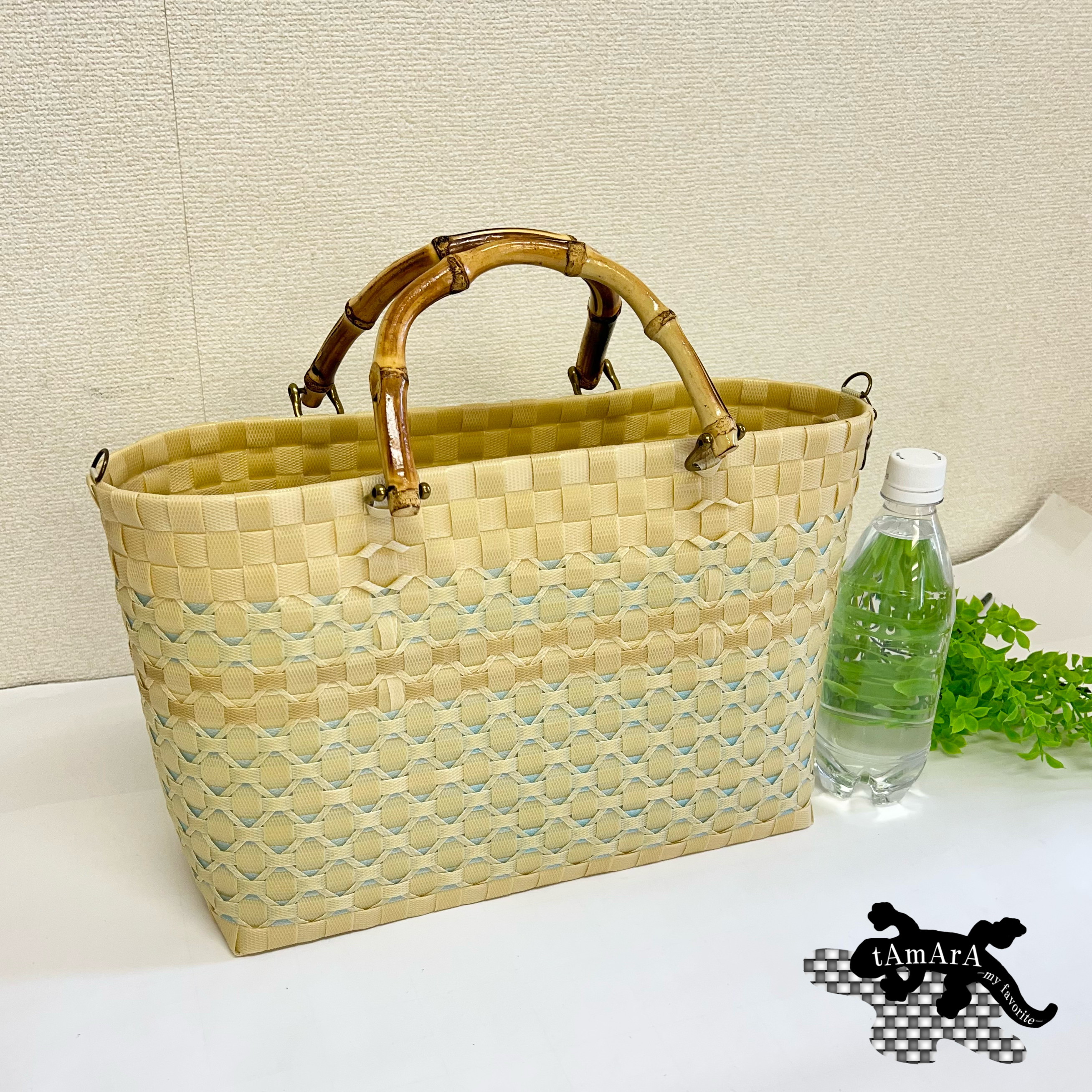 【受注製作】プラカゴ　Lサイズ/A4　L-590　ベージュ*透明青　2way　バンブーハンドル　マルシェ　ピクニック