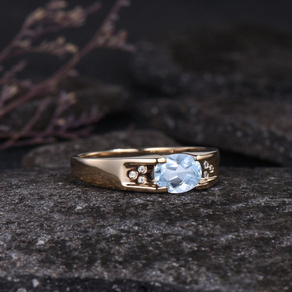 ユニークな 3 月の誕生石天然アクアマリン婚約指輪モアッサナイトブルー宝石ブライダルリングメンズリング 3枚目の画像