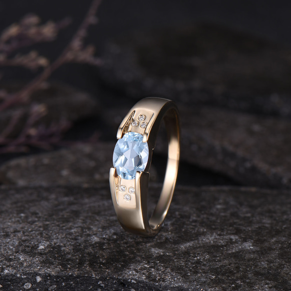 ユニークな 3 月の誕生石天然アクアマリン婚約指輪モアッサナイトブルー宝石ブライダルリングメンズリング 2枚目の画像