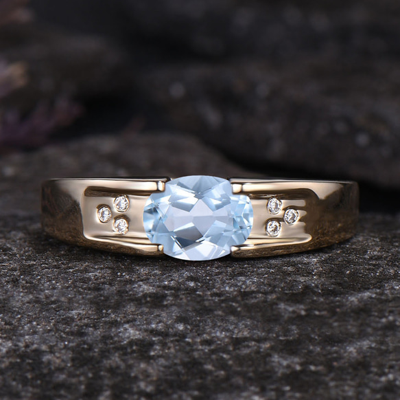 ユニークな 3 月の誕生石天然アクアマリン婚約指輪モアッサナイトブルー宝石ブライダルリングメンズリング 1枚目の画像