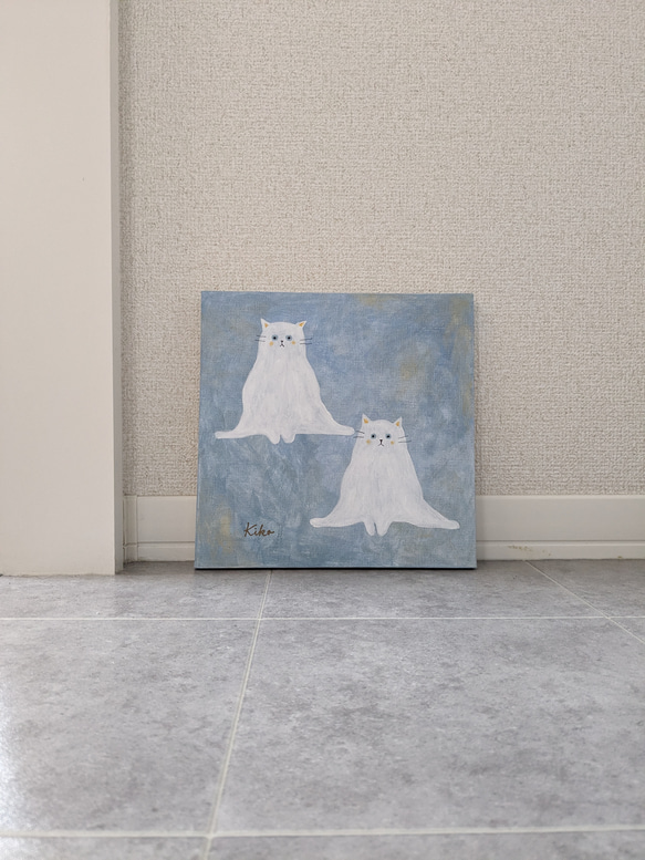 キャンバスアート　原画　「白い２匹の猫」 2枚目の画像