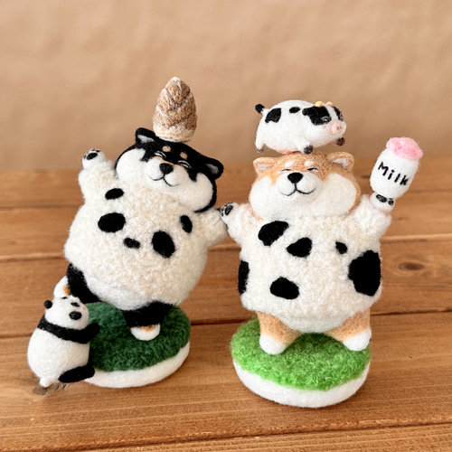パンダな黒柴犬さんとチビパンダさんの置物セット 羊毛フェルト