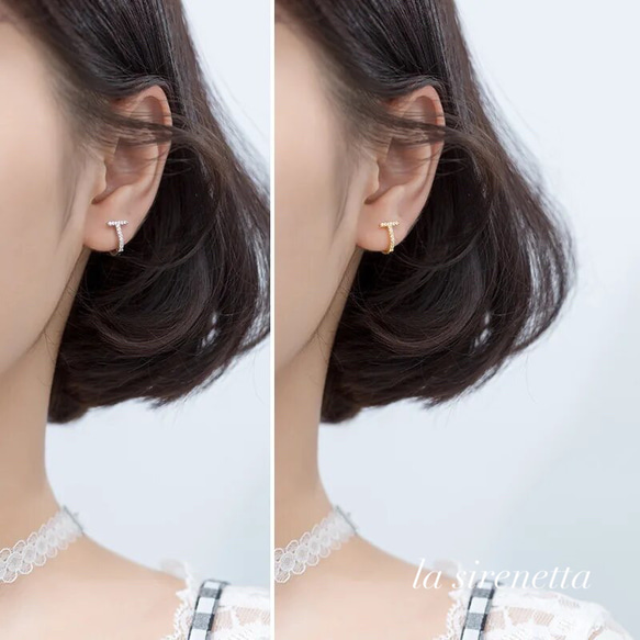 受注製作 ピアス ＊ T line pave hoop pierce 2枚目の画像