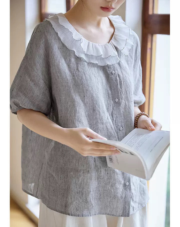 シックかわいいフリルカラー　大人のリネンブラウス　ゆったりシルエット【春秋夏】グレー 11枚目の画像
