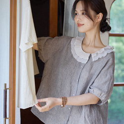 シックかわいいフリルカラー　大人のリネンブラウス　ゆったりシルエット【春秋夏】グレー 2枚目の画像